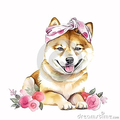 A Shiba Inu Puppy in Watercolor with a Pink Headband Bandana and Bowthat Will Melt Your Heart AI Generated Stock Photo