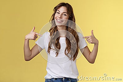 If you want professional its me. Sassy good-looking confident outgoing young woman introduce herself bragging own Stock Photo