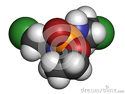 Ifosfamide cancer chemotherapy drug molecule. Atoms are represented as spheres with conventional color coding: hydrogen (white), Stock Photo