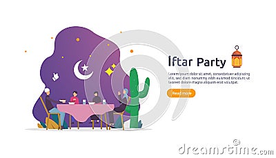 Iftar Eating After Fasting feast party concept. Moslem family dinner on Ramadan Kareem or celebrating Eid with people character. Vector Illustration