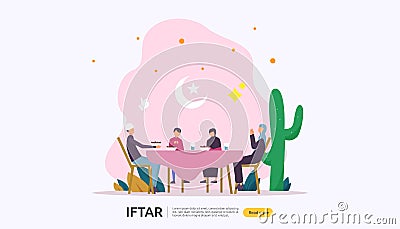 Iftar Eating After Fasting feast party concept. Moslem family dinner on Ramadan Kareem or celebrating Eid with people character. Vector Illustration