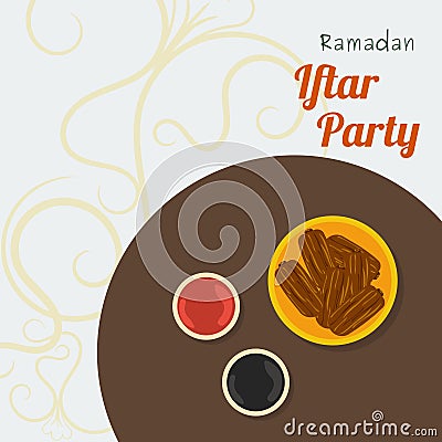 Top View Dates Fruit with Cofee and Tea for Iftar Party Background Concept Vector Illustration