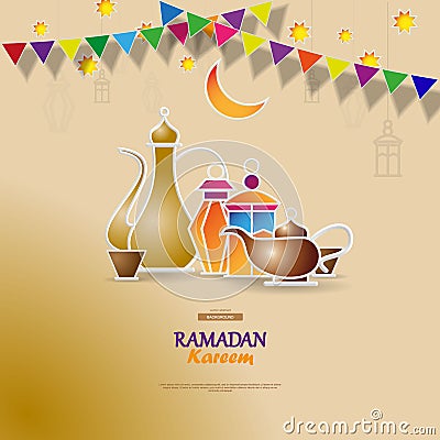 Iftar party celebration concept flyer. Vector Illustration. Sweet Dates, Fanous Lantern and Arabic coffee mug. Islamic Vector Illustration