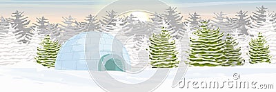 Igloo. Icehouse. Ice dwelling of the Eskimos. Snow covered plain. Spruce forest Vector Illustration