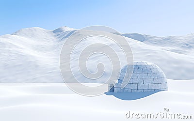 Igloo isolated in snowfield with snowy mountain, Arctic landscape scene Stock Photo