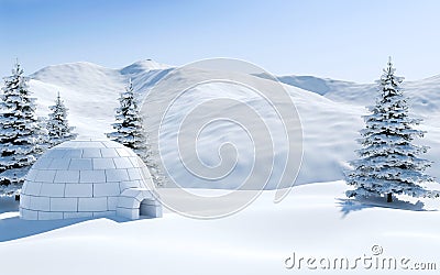 Igloo in snowfield with snowy mountain and pine tree covered with snow, Arctic landscape scene Stock Photo