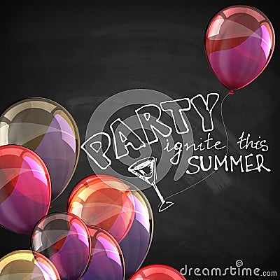 Ignite this summer party. holiday illustration with flying multicolored balloons and blackboard texture Vector Illustration