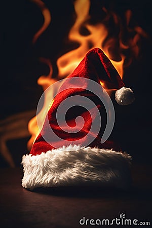 Christmas hat on fire on the floor, xmas background Stock Photo