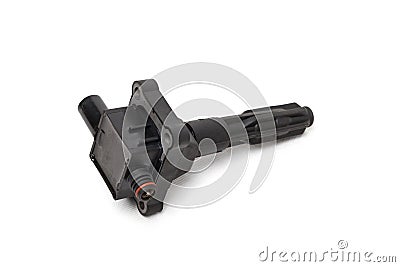 Ignition coil for an internal combustion engine of a car during repair and service on a white isolated background. Spare parts Stock Photo