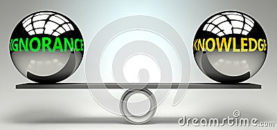 Ignorance and knowledge balance, harmony and relation pictured as two equal balls with text words showing abstract idea and Cartoon Illustration