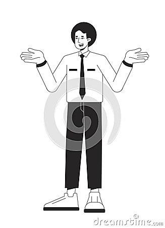 Ignorant office worker shrugging with confusion flat line black white vector character Vector Illustration