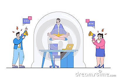 Ignore noise or distractions, remain calm, avoid conflict or problems, and challenges of working in toxic workplace concepts. Vector Illustration