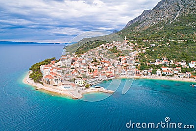 Igrane village on Makarska riviera and Biokovo mountain aerial sea view Stock Photo