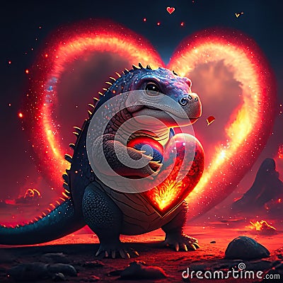 Komodo dragon hugging heart Iguana with heart shape. 3D illustration. Love concept. Generative AI animal ai Cartoon Illustration