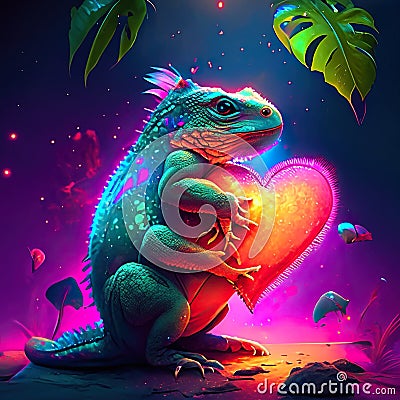 Iguana hugging heart Iguana with heart in neon light. Conceptual illustration of love Generative AI anima Cartoon Illustration