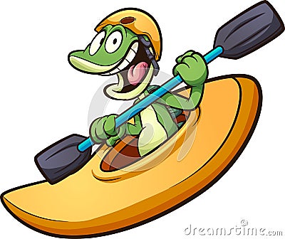 Happy cartoon iguana riding a kayak Vector Illustration