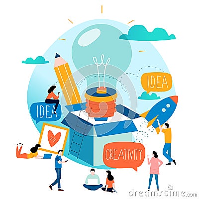 Idea, thinking outside the box, content development, brainstorming, creativity, project and research, creative soutions, learning, Vector Illustration