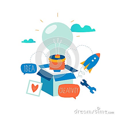 Idea, thinking outside the box, content development, brainstorming, creativity, project and research, creative soutions, learning Vector Illustration