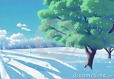 Illustration of a Winter Wonderland with a Solitary green Tree, Blue sky with white clouds Cartoon Illustration