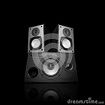 Iimage of three audio speakers, isolated on black. Stock Photo