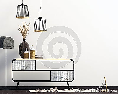 Iinterior design in country style. Mock up wall. Cartoon Illustration