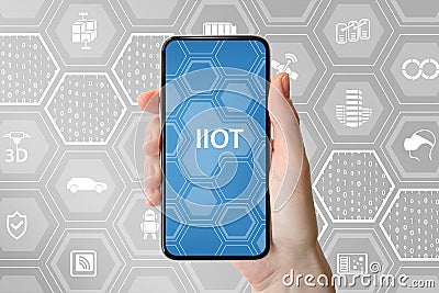 IIOT industrial internet of things text displayed on screen of modern frameless smartphone. Hand holding smartphone Stock Photo