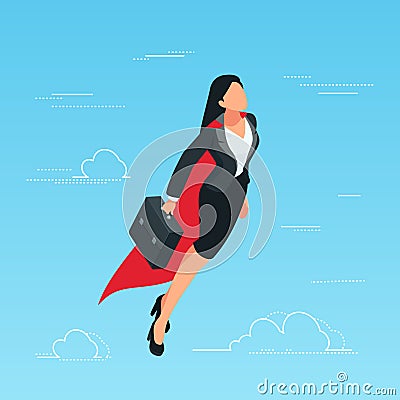 IIsometric business woman flies in the sky as a superhero. Vector Illustration