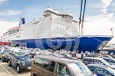 IJMUIDEN, NETHERLANDS - MAY 14 2017: Cars are waiting to get on the Princess of seaways ferry Editorial Stock Photo