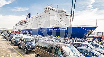 IJMUIDEN, NETHERLANDS - MAY 14 2017: DFDS car ferry Princess of Seaways is getting ready to transport vehicles Editorial Stock Photo