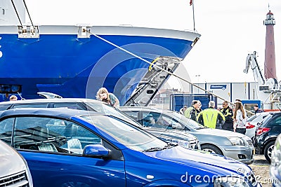 Ijmuiden, Netherlands - May 14 2017: Passengers are waiting to get on the Princess of seaways ferry Editorial Stock Photo