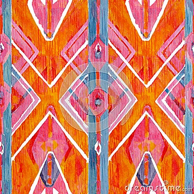 Ikat geometric red and orange authentic pattern in watercolour style. Watercolor seamless . Stock Photo