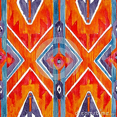 Ikat geometric red and orange authentic pattern in watercolour style. Watercolor seamless . Stock Photo