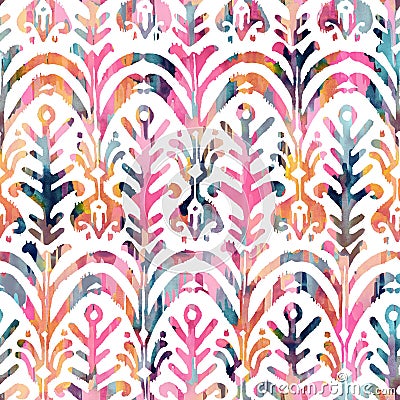 Ikat watercolor seamless pattern. Floral vibrant watercolour . Stock Photo