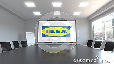 Ikea logo on the screen in a meeting room. Editorial 3D rendering Editorial Stock Photo