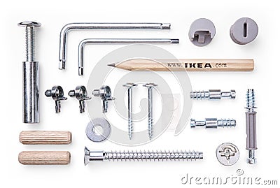 Ikea, set of tools and mounting elements for furniture on white background. Top view Editorial Stock Photo