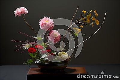 Ikebana japanese flower art. Beautiful flower composition on the table with colourful background Stock Photo