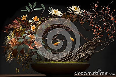 Ikebana japanese flower art. Beautiful flower composition on the table with colourful background Stock Photo