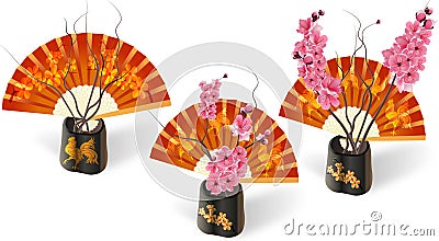 Ikebana. Three Sakura on a background of fans with the image of a and flowers. Isolated on white photo-realistic Vector Illustration