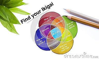 Ikigai Diagram of the Secret of Bliss Find your Ikigai Stock Photo