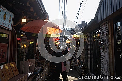 Ikseondong Hanok Village , traditional walking street with umbrellas during winter afternoon at Ikseondong , Seoul South Korea : 3 Editorial Stock Photo