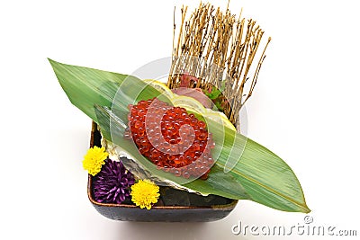 Ikura sashimi (Salmon roe) in black bowl Japanese style on white Stock Photo