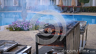 Il barbecue del pollo ? cucinato su una grande griglia da un cuoco all'hotel dallo stagno con acqua blu Egypt video d archivio Il barbecue del pollo ? cucinato su una grande griglia da un cuoco all'hotel dallo stagno con acqua blu Egypt video d archivio