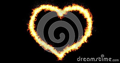 Il cuore fatto dalla combustione fiammeggia circolare sul fondo nero con le particelle del fuoco, il giorno di S. Valentino di fe Il cuore fatto dalla combustione fiammeggia circolare sul fondo nero con le particelle del fuoco, il giorno di S. Valentino di fe