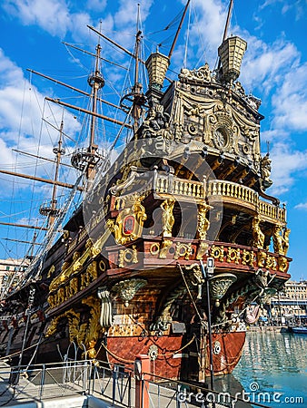 Il Galeone Neptune pirate ship in Genoa Porto Antico Old harbor, Italy. Editorial Stock Photo