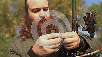 Il pescatore mette un verme sul gancio ed i punti su Ritratto dell'uomo adulto con la barba che mette bailt sul gancio pesca archivi video Il pescatore mette un verme sul gancio ed i punti su Ritratto dell'uomo adulto con la barba che mette bailt sul gancio pesca archivi video