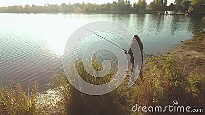 Il pescatore sta pescando sulla sponda del fiume nel sole Pesca barbuta dell'uomo dalla riva in buon tempo video d archivio Il pescatore sta pescando sulla sponda del fiume nel sole Pesca barbuta dell'uomo dalla riva in buon tempo video d archivio