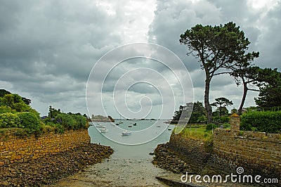 Ile de Brehat, France The Vauban bridge or Pont ar Prad and Port of the Rope factory on Brehat Island in Brittany, France Stock Photo