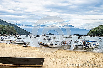 Ilha Grande, Brazil - Jan 28, 2024: Abraao beach on big island Ilha Grande in Angra dos Reis, Rio de Janeiro, Brazil Editorial Stock Photo