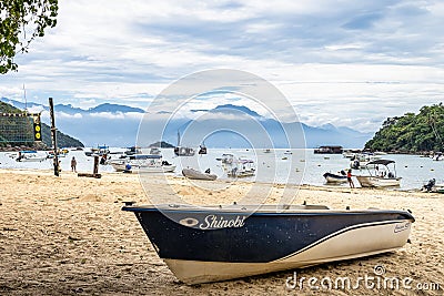 Ilha Grande, Brazil - Jan 28, 2024: Abraao beach on big island Ilha Grande in Angra dos Reis, Rio de Janeiro, Brazil Editorial Stock Photo