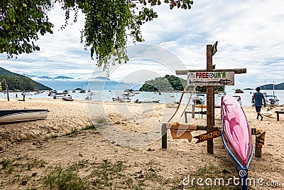 Ilha Grande, Brazil - Jan 28, 2024: Abraao beach on big island Ilha Grande in Angra dos Reis, Rio de Janeiro, Brazil Editorial Stock Photo